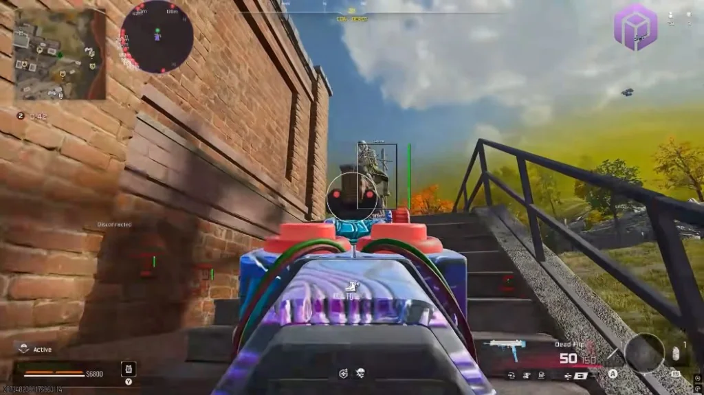 Warzone ESP box overlay on Coal Depot stairs with colorful weapon skin