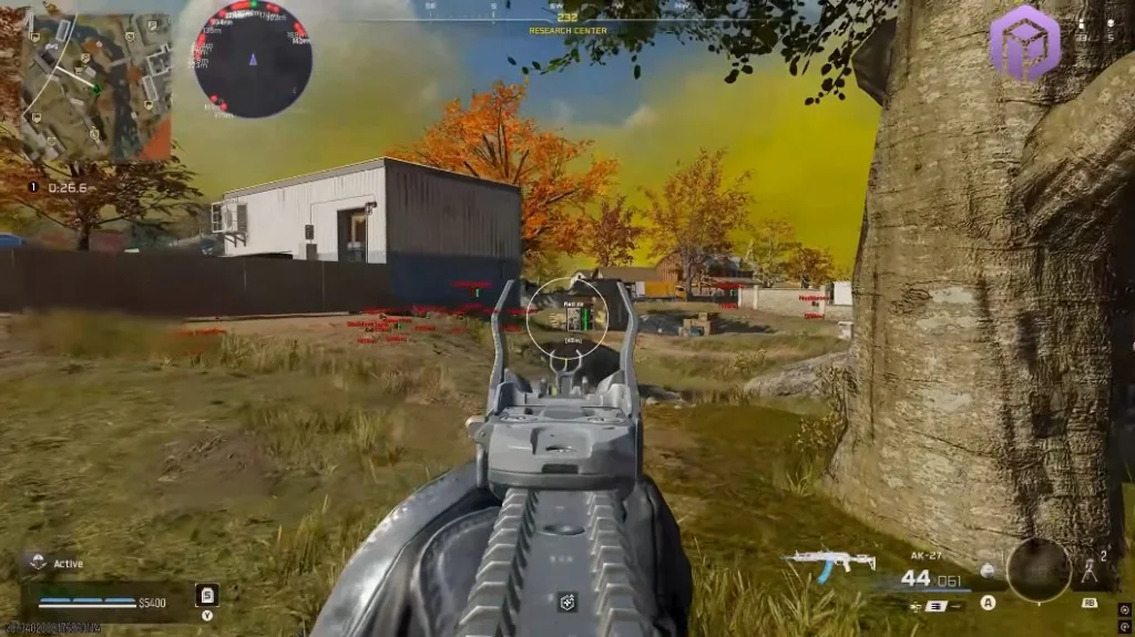 Warzone combat at Goal Depot rail yard with ESP overlay and colorful weapon