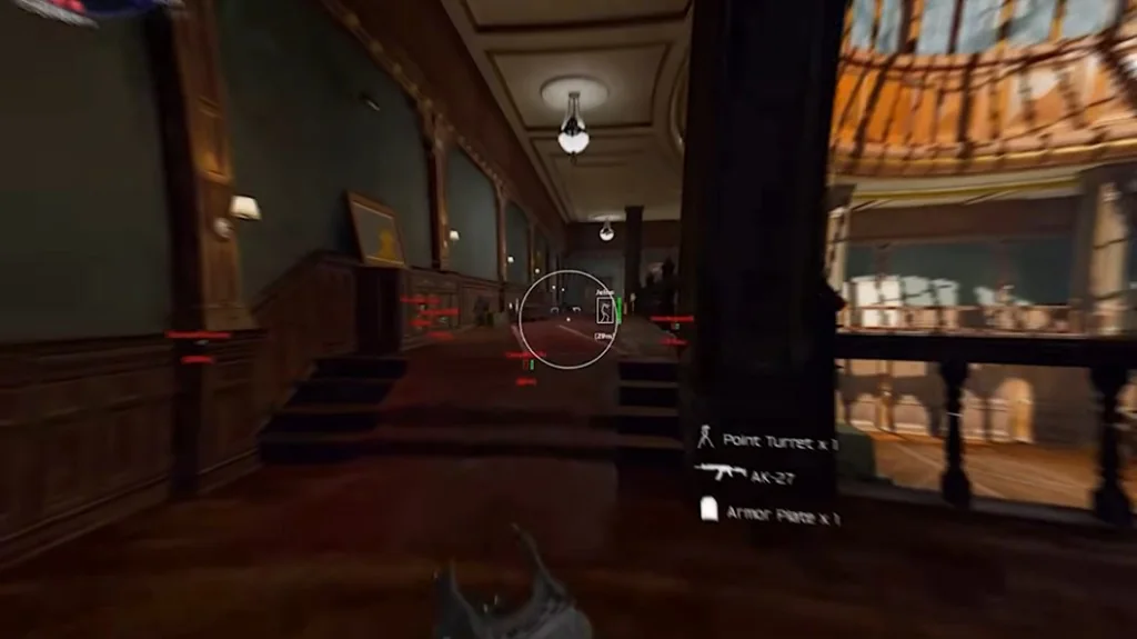 Warzone ESP player overlay in Vondel indoor hallway with distance tags